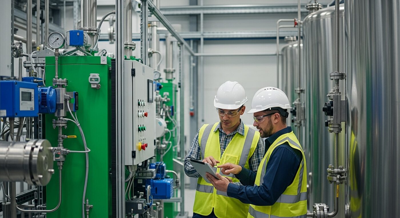 Engenheiros analisando equipamentos de hidrogênio verde em uma planta de energia limpa