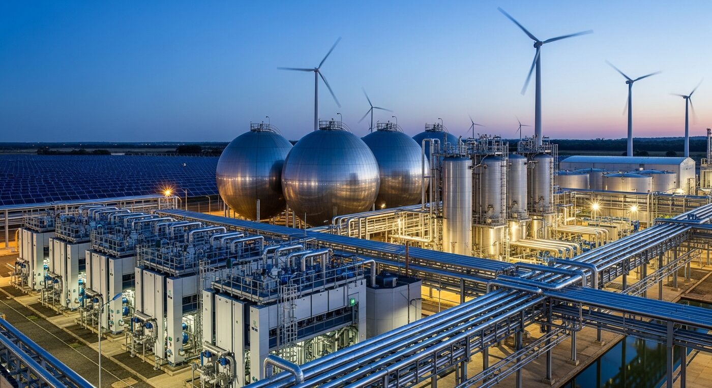 Planta de produção de hidrogênio verde com eletrolisadores, tanques, painéis solares e turbinas eólicas ao entardecer