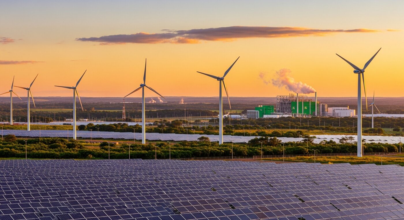 Parque de energia renovável com painéis solares e turbinas eólicas alimentando uma planta de hidrogênio verde